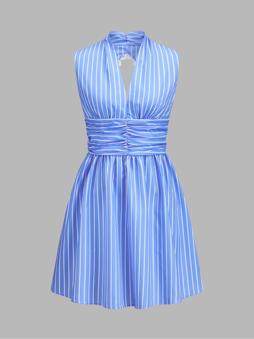 Commense Blue and White Halter-Style Striped Mini Dress